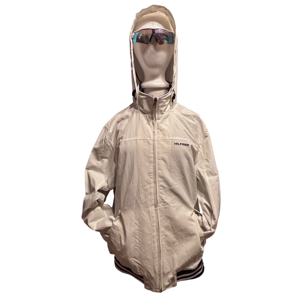New Tommy Hilfiger Windbreaker‎ Mens Large White Regatta Stowaway Hood Yachting